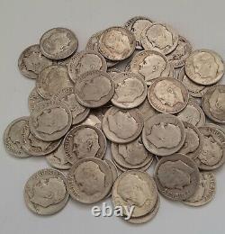 1940's Roosevelt Silver Dimes One Roll 50 Coins