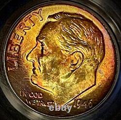 1946 Silver Roosevelt Dime PCGS MS 65 Beautiful Rainbow Color Toned