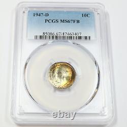 1947 D PCGS MS67 FB RAINBOW TONED Silver Roosevelt Dime 10c US Coin #45808A