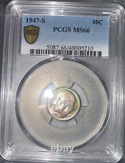 1947 S MS 66 Roosevelt Dime PCGS Certified Gem Attractive Toning Green&Purple