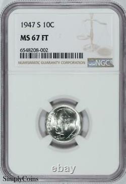 1947-S Roosevelt Dime NGC MS67 FT FB Full Bands 90% Silver US Coin #208-002