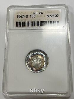 1947 s 10C Roosevelt Silver Dime, MS 64 2 sided Bold Rainbow Toned