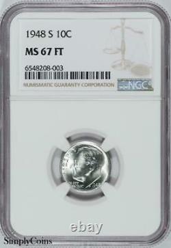 1948-S Roosevelt Dime NGC MS67 FT FB Full Bands 90% Silver US Coin #208-003