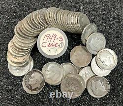 1949 S Silver Roosevelt Dime Roll of 50 coins average circulated