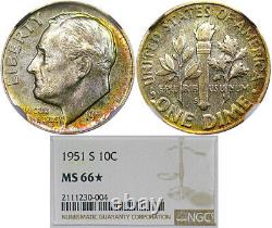 1951-s 10c Ngc Ms66 (ngc Star) Roosevelt Pastel Prooflike Gem
