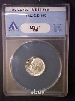 1952-D/D RPM Roosevelt Dime ANACS MS64 FSB- GREAT VARIETY! AA192DCXX
