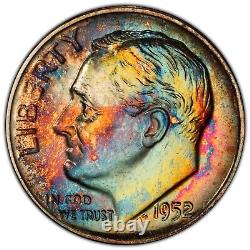 1952 Toned Roosevelt Proof Silver Dime, PCGS PR65, Monster Rainbow Toning