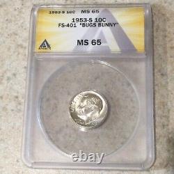 1953-S Roosevelt Silver Dime FS-401 BUGS BUNNY ANACS MS65