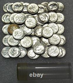 1955-S Roosevelt Silver Dime Original Gem BU roll 50 coins with end coin #J530N