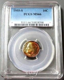 1955 S Silver Us Roosevelt Dime Pcgs Mint State 66 Great Color