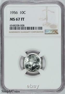 1956 Roosevelt Dime NGC MS67 FB FT Full Bands 90% Silver US Coin #208-008