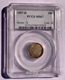 1957-D Roosevelt SILVER Dime graded MS-67 by PCGS Beautiful Rainbow Toning