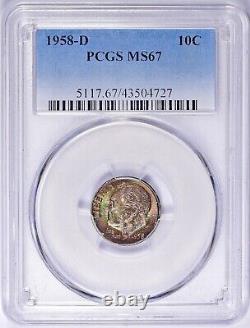1958 D PCGS MS67 Roosevelt Dime Double Rainbow Toned. Beautiful Target Toning