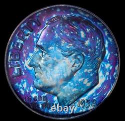 1958 Roosevelt Dime PCGS OGH PR67 Green Label Insane Electric Neon Blue Toned