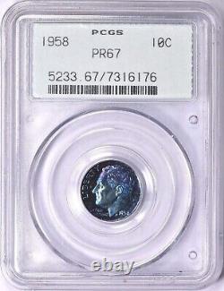 1958 Roosevelt Dime PCGS OGH PR67 Green Label Insane Electric Neon Blue Toned