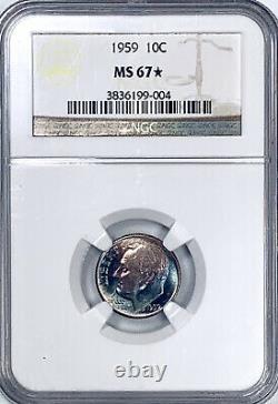 1959 Roosevelt Dime 10C MS 67 Star NGC Certified Silver Pink Purple Blue Toned