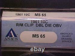 1961-p Roosevelt Dime Rim Clip & Ddo Anacs Ms65 Dual Errors! -aa193qcxx