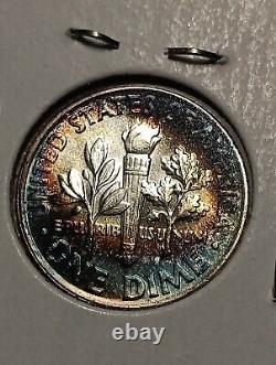 1962 -Roosevelt Dime Full Bands Stunning Rainbow Toning Bu Choice