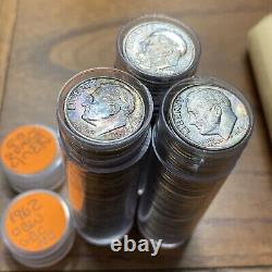 1962 Truly Original ROLL 50 COINS BU 90% Silver Roosevelt Dimes Deep Toned Ends