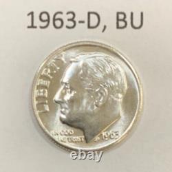 1963 D SILVER Roosevelt Dime Brilliant Uncirculated Roll (50 BU Dimes Total)