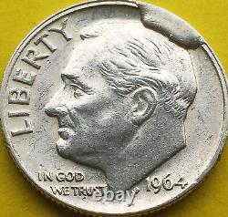 1964 D Roosevelt Dime 90% SILVER Large Obverse Cud Impressive Error scarce 10c