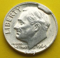 1964 D Roosevelt Dime 90% SILVER Large Obverse Cud Impressive Error scarce 10c