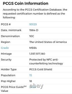 1964 D Roosevelt Silver Dime RARE Minor Variety LOW POP PCGS MS64. SL0124