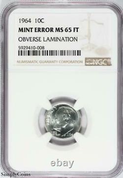 1964 OBVERSE LAMINATION Mint Error Roosevelt Silver Dime MS65 FT FB B5