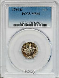 1964 Roosevelt Dime Pcgs Ms64 High Grade Silver Nice Toned Natural Color (mr)
