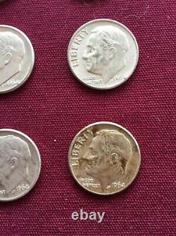 1964 Roosevelt Dimes Lot Of 66 SILVER 90% circulated FREE shipping