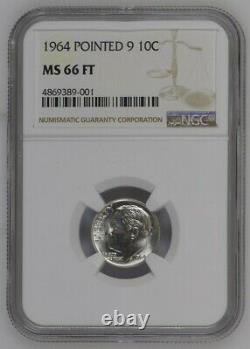 1964 Silver Roosevelt Dime, Pointed 9, Ngc Ms66 Ft (full Torch)