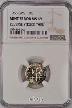 1965 STRUCK THRU sms Roosevelt Dime NGC MS 69 SP69 Variety Coin