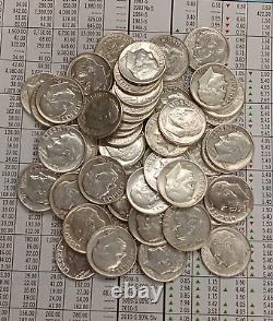 1 Roll 50 Each 90% Silver Roosevelt Dimes Nice Looking Roll MIX Dates TP-3781