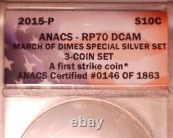 2015 P Roosevelt Dime First Strike Reverse Proof March Of Dimes Anacs Pf70 Dcam