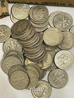 $25 Face Value Silver Roosevelt Dimes, 1964 & below. 5 Full rolls, 250 Dimes