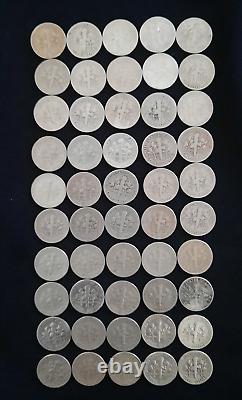 50 Roosevelt Circulated Silver Dimes-1950s