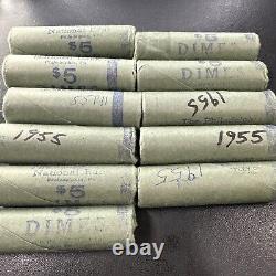 BU 1955 P Roosevelt Dime Roll $5 OBW 50 Coins Silver PHILADELPHIA NATIONAL BANK