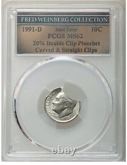 ER326 1991-D 10C Roosevelt Dime - 20% Double Clip Planchet, Curved & Straight C