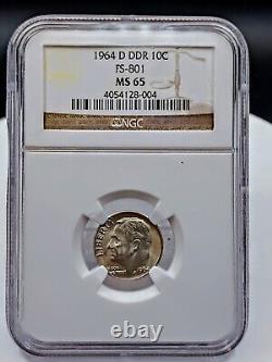 Gem TOP POP Doubled Die Reverse 1964-D Dime NGC MS65 Elusive FS-801 Variety RARE