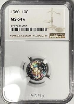 MS64 STAR -POP 1- 1960 10C Roosevelt Silver Dime NGC BU PQ Rainbow Toned MS