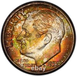 MS65 1951-D 10C Roosevelt Silver Dime, PCGS Secure- Rainbow Toned