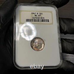 MS67 1947-D 10C Roosevelt Silver Dime, NGC- Old Fatty Holder, Toned (Looks FB)