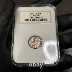 MS67 1947-D 10C Roosevelt Silver Dime, NGC- Old Fatty Holder, Toned (Looks FB)