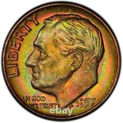 MS67 1957-D 10C Roosevelt Silver Dime, PCGS Secure- Rainbow Mint Set Toned
