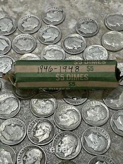 ONE Silver Roosevelt Dime Roll 1946-1948 90% (50 Coins) $5 Face Value AVG CIRC
