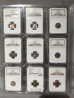 RainbowithToned Lot of 9 1950-1964 NGC MS Silver Roosevelt Dimes