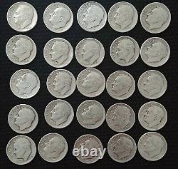 Roosevelt Dimes 50 Circulated Silver 1940's Coins