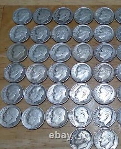 Roosevelt Silver Dime Roll Mixed 1950'-1940's Mints Mixed, Avg Circ 50 Coins