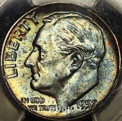 Toned 1957 P Roosevelt Dime PCGS MS66 Nice Two Sided PQ Blue Color Lustrous