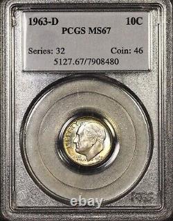Toned PCGS MS67 1963 D Roosevelt Dime 10c Registry Grade PQ Color Older Holder